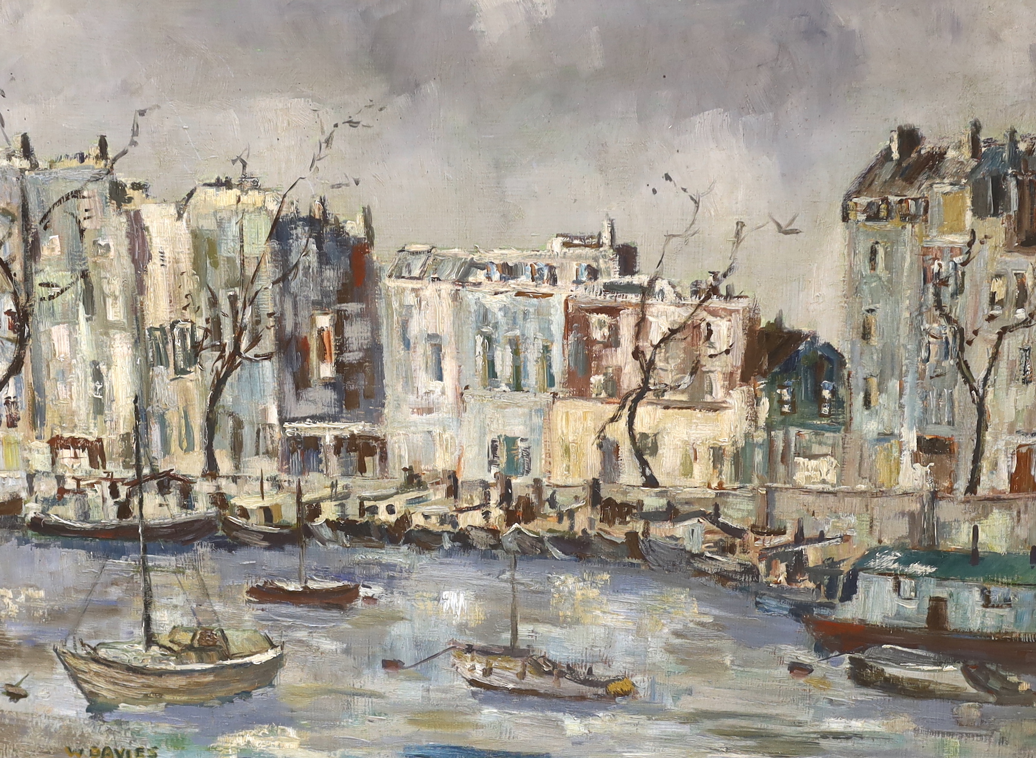 William Davies (1928-) Wapping Group, oil on board, 'Houseboats at Chelsea’, signed, 44 x 60cm